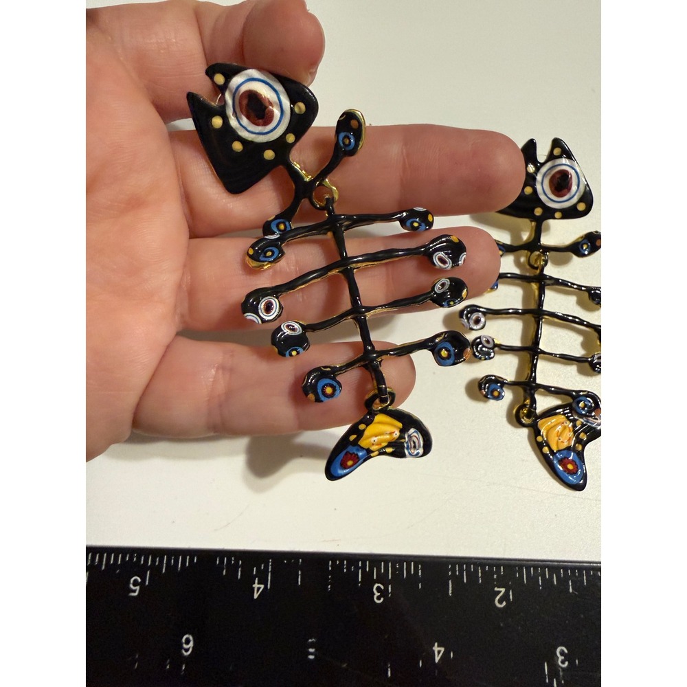 Black Enamel Fish Skeleton Drop Earrings Gold Tone Nautical Statement Jewelry